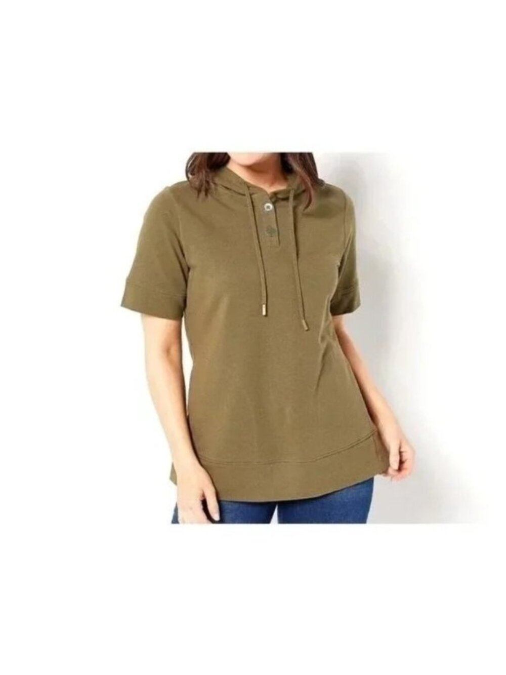 Joan Rivers Hoodie Size XXS French Terry Short Sleeve Dark Olive Green NEW